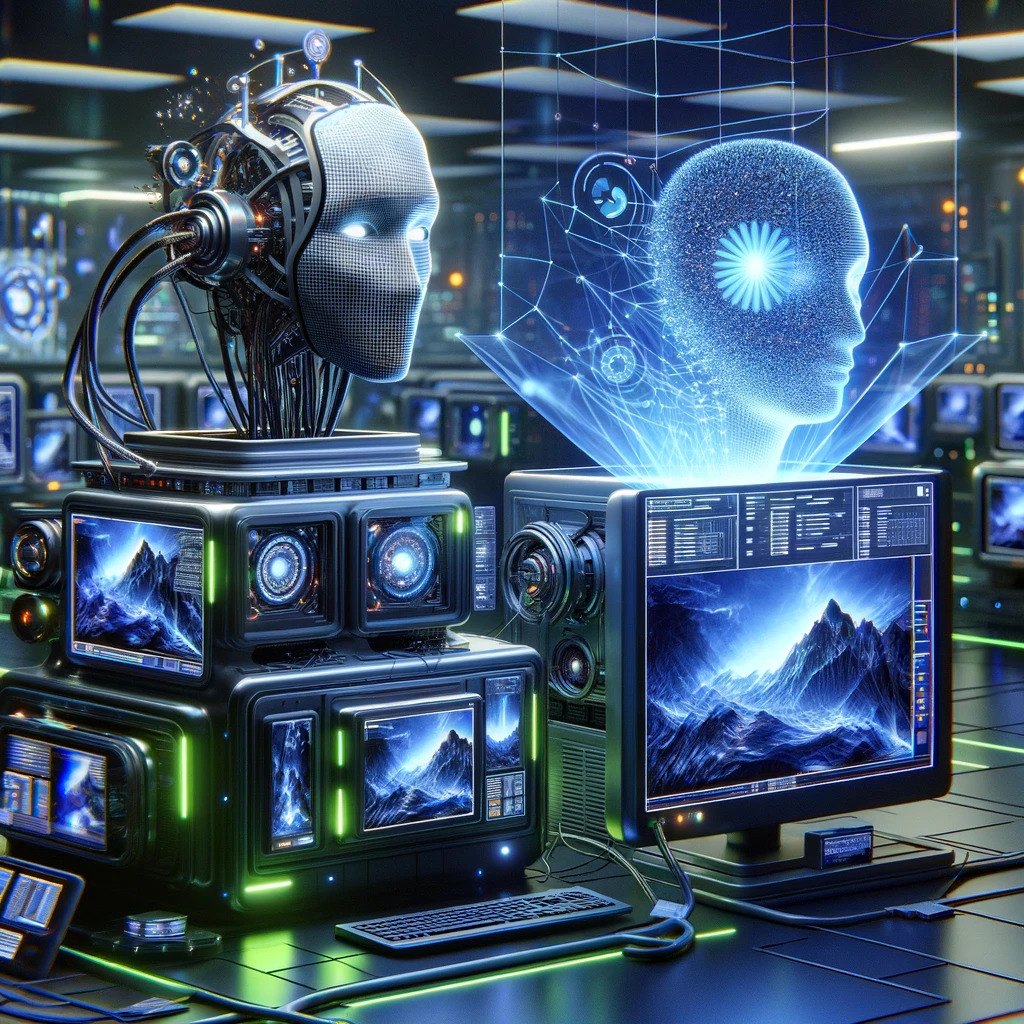 Conceptual illustration of a Generative Adversarial Network (GAN) in action. The scene shows two different anthropomorphised machines, one of which is about to replicate the other.