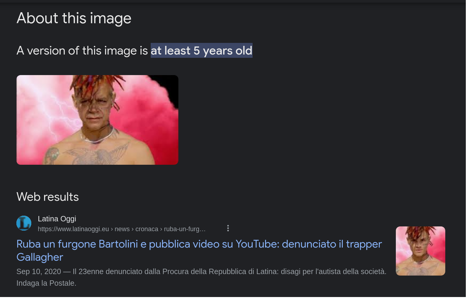 Screenshot from Google image &lsquo;About this Image&rsquo; feature. It fully detect one of our fake, but because the picture was existing already